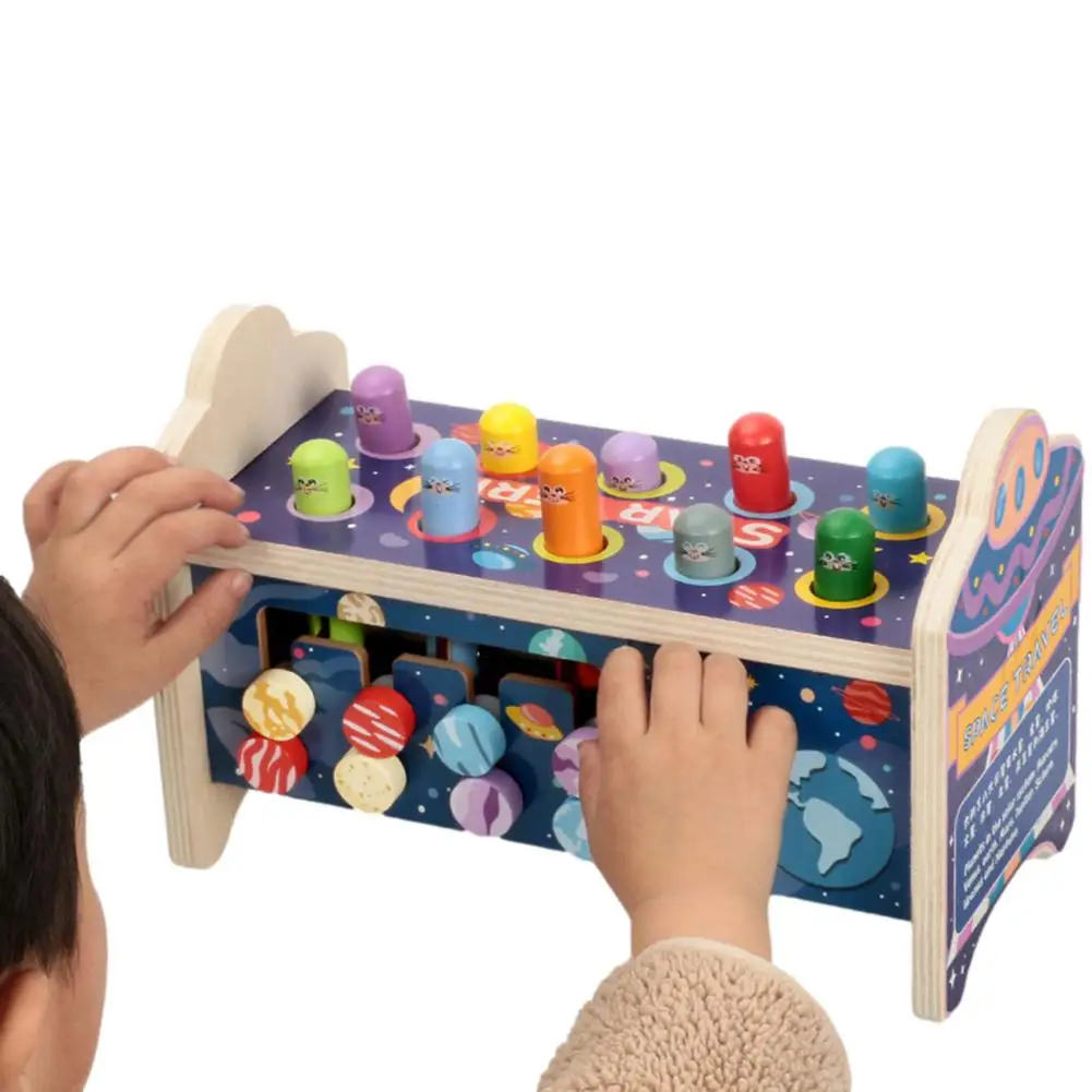 

Pounding Mole Game 5-in-1 Universe-Themed Patterns Pounding Bench Toy Wooden Hammer Percussion Toy Funny Pounding Blocks To