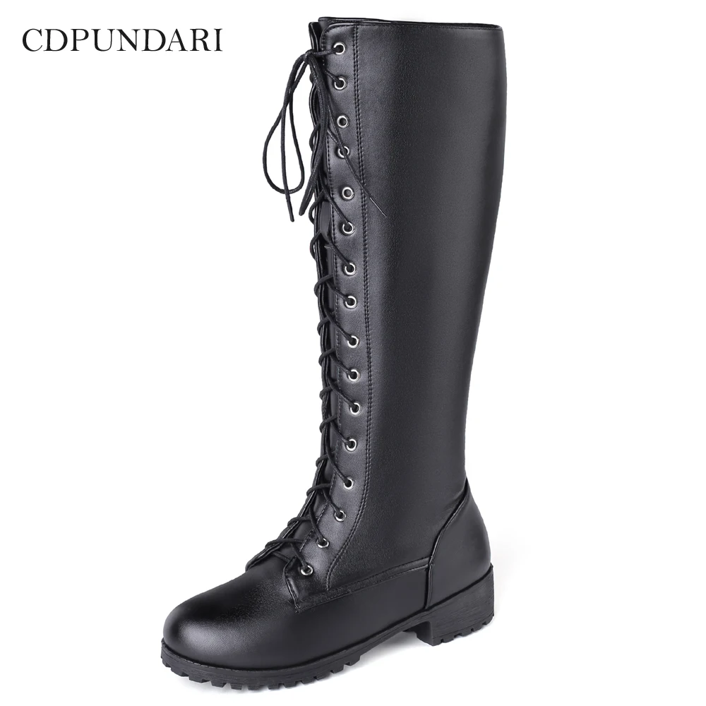 CDPUNDARI ботинки на шнуровке в стиле панк низком каблуке Женские высокие сапоги до
