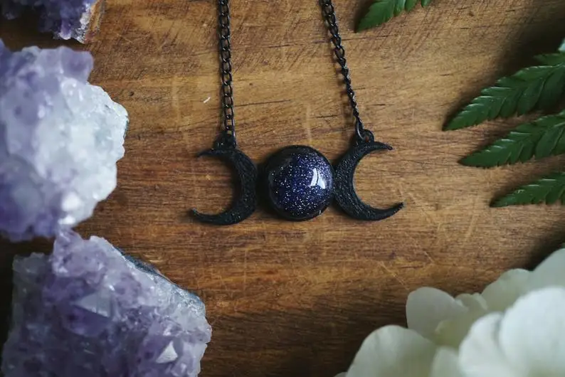 

Black Choker Necklace/ Blue Goldstone Necklace/ Triple Moon Goddess Necklace/Crystal Necklace - Witch Jewelry - Celestial