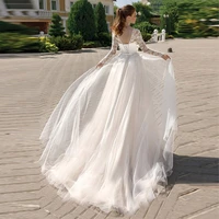 moonlightshadow luxury wedding dresses a line o neck full sleeves tulle lace up appliques bridal gown vestido de casamento