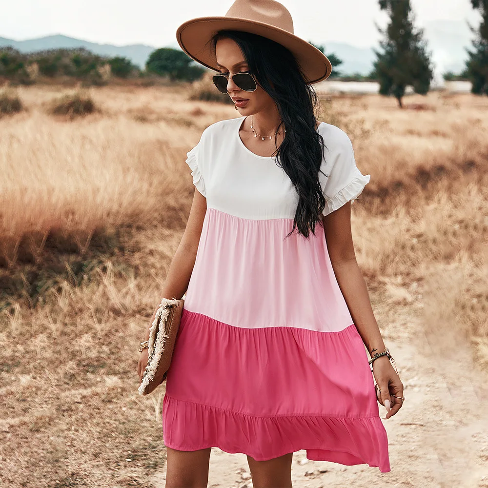 

Summer Womens Stitching Ruffled Short-sleeved Dress Vacation Round Neck Casual Fashion Short Skirt Beach Skirt A-line Skirt -40