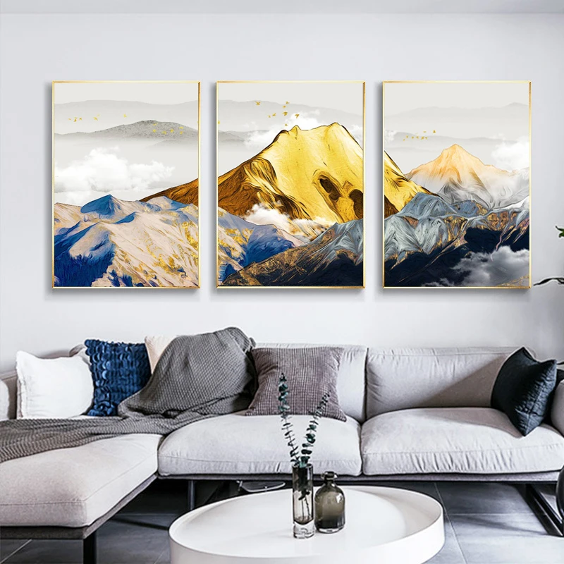 Китайский постер и холст с изображением облачного ландшафта Золотой горы для тройного украшения дома.