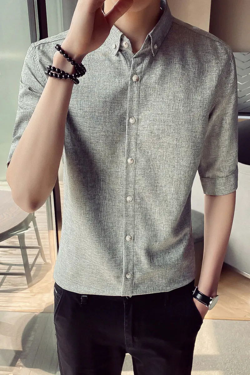 

2020 Summer New Youth Popular Korean Slim Men's Solid Color Five-point Sleeve Shirt Fashion Casual Top Gray / Dark Gray