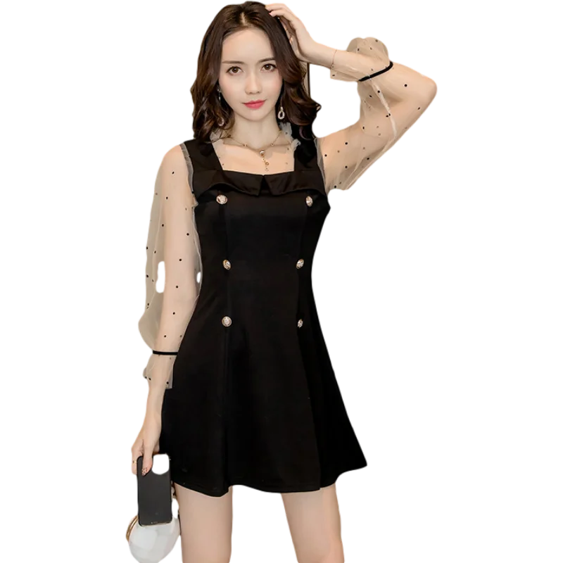 2020 корейское сексуальное платье маленькое черное Сетчатое двубортное в горошек