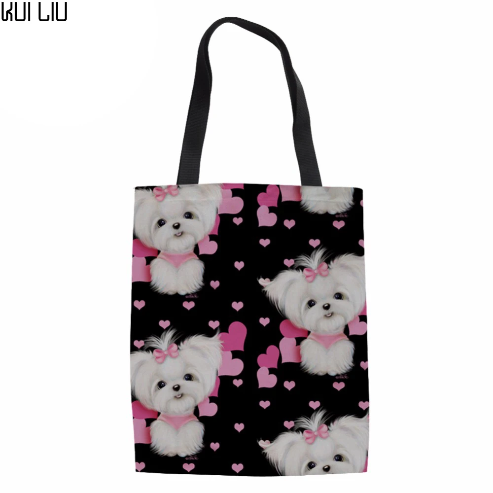 

Ladies Canvas Tote Bag Handmade Cute Dog Printing Maltese Cotton Shopping School Travel Women Folding Shoulder Shopping Bags