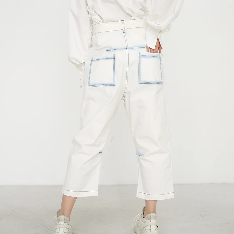 

[EAM] High Waist White Printed Spliced Long Leisure Wide Leg Trousers New Loose Pants Women Fashion Spring Summer 2021 1W03300