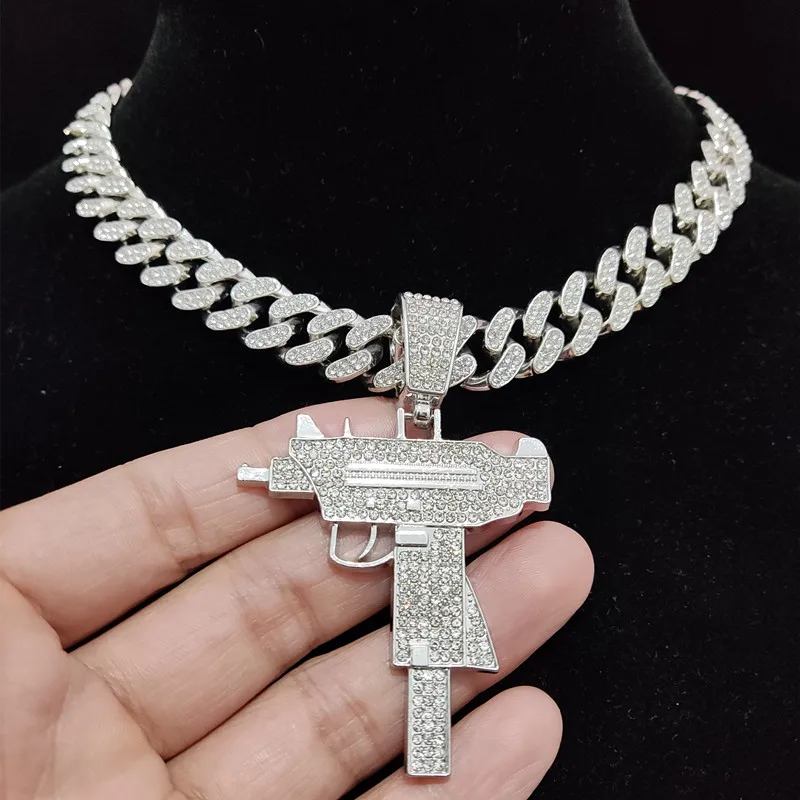 Мужчины Женщины хип-хоп Iced Out Bling УЗИ пистолет кулон ожерелье с 13 мм Майами