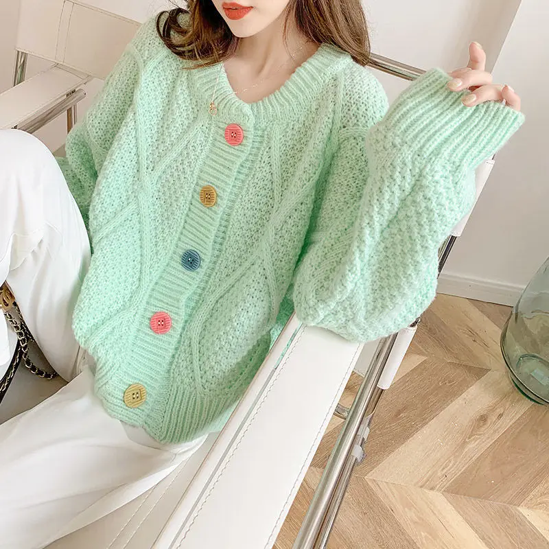 

Round Neck Knitted Cardigan Women's Autumn And Winter 2022 New Style Korean Long-sleeved Outer Wear Retro Rhombus Short Sweater