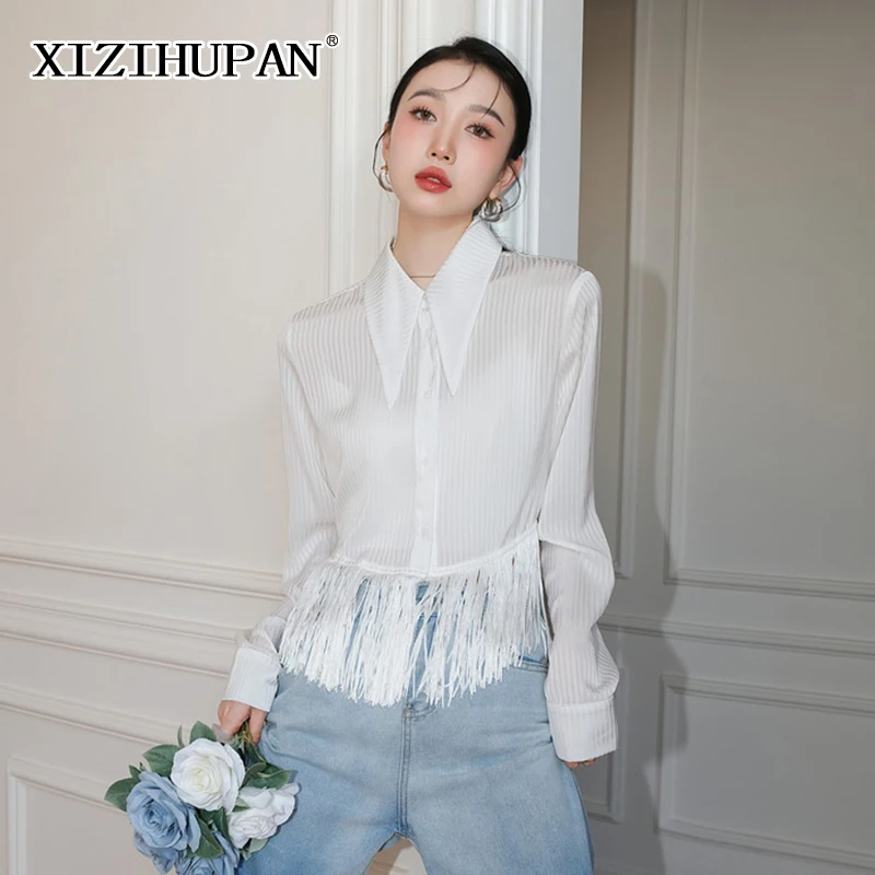 

XIZIHUPAN белая Повседневная Лоскутная тонкая однотонная блузка с бахромой Женская модная рубашка с отворотом и длинным рукавом для женщин осе...