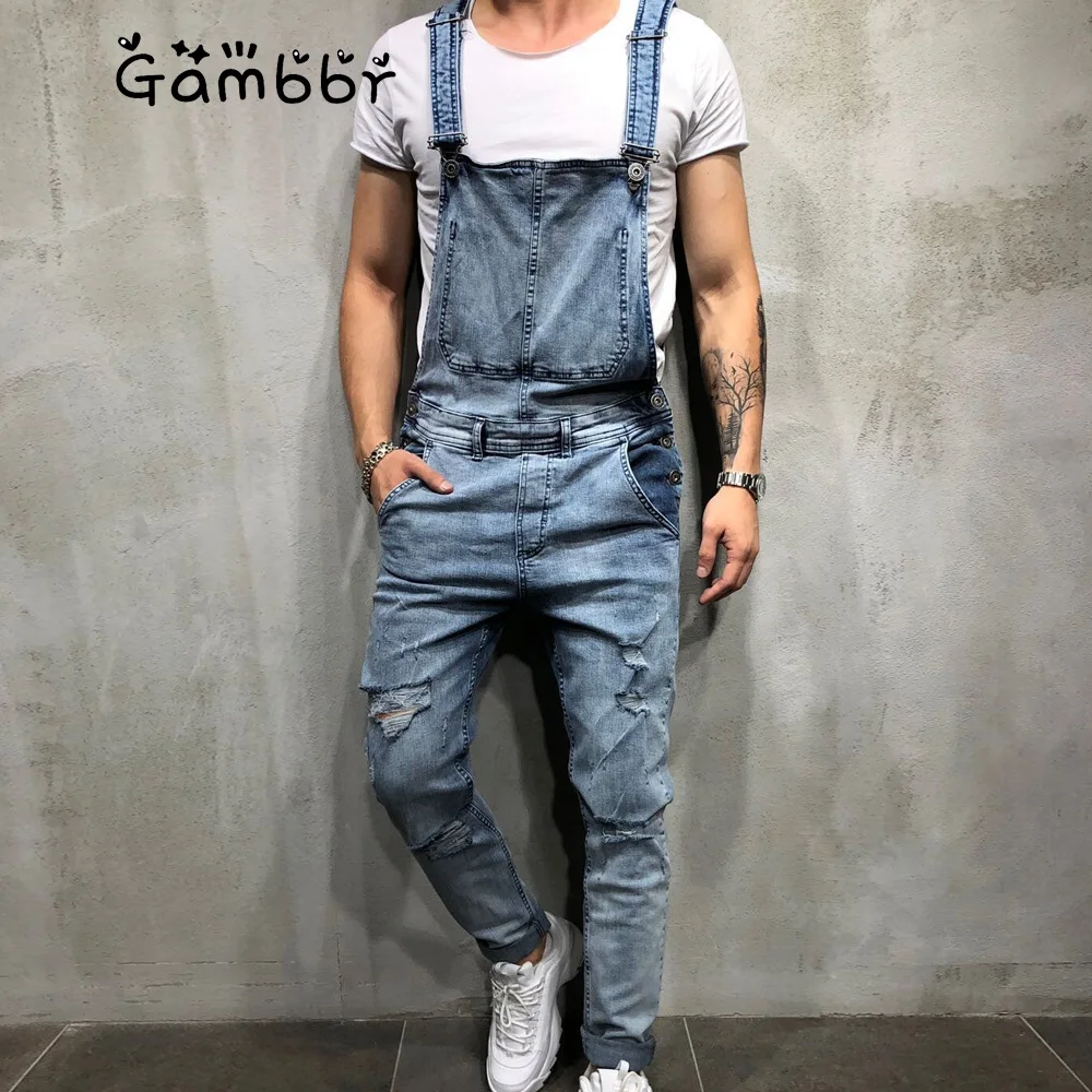 2020 Летние повседневные Модные мужские рваные джинсовые комбинезоны с дырками