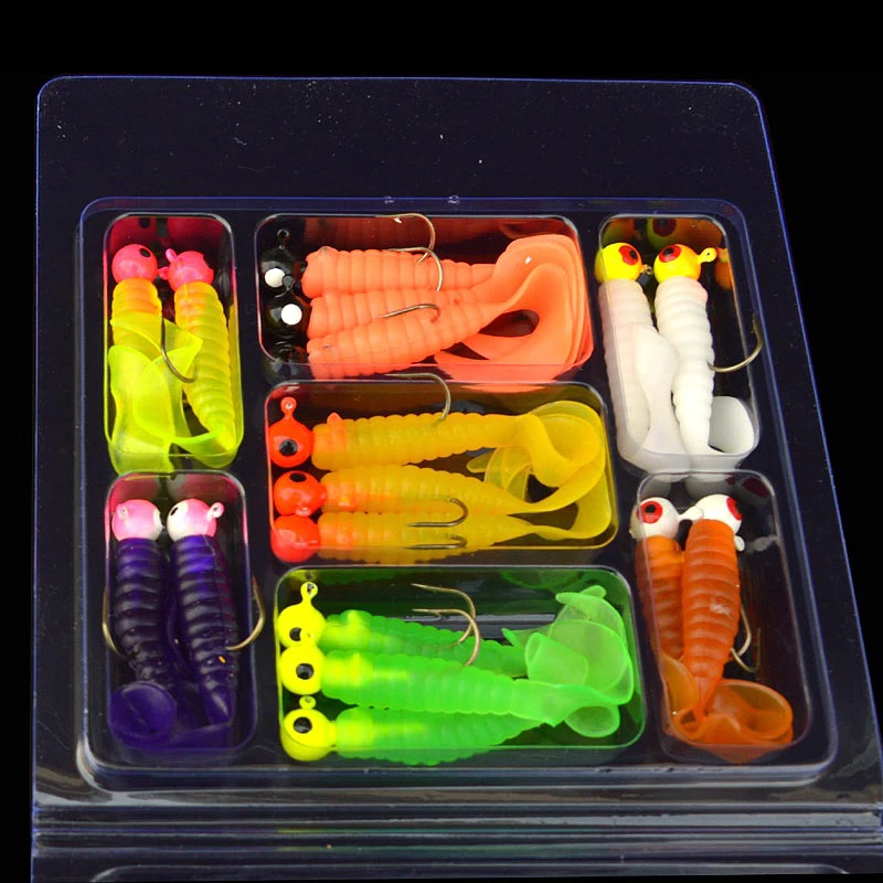 17Pcs Set Box Edible Silicone Lures Fishing Soft Bait Worm With Tail Plastic Jig Hook Tackle Grub for Fishing Perch Holder