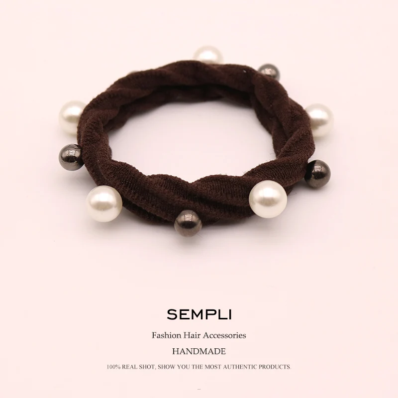 Coffee Sempli 10 Цвета нейлон Эластичный женские обручи для девочек высокое качество жемчуг резинки СПЛАВ украшение для волос с бусинами, обтянутая тканью; - Цвет: Coffee