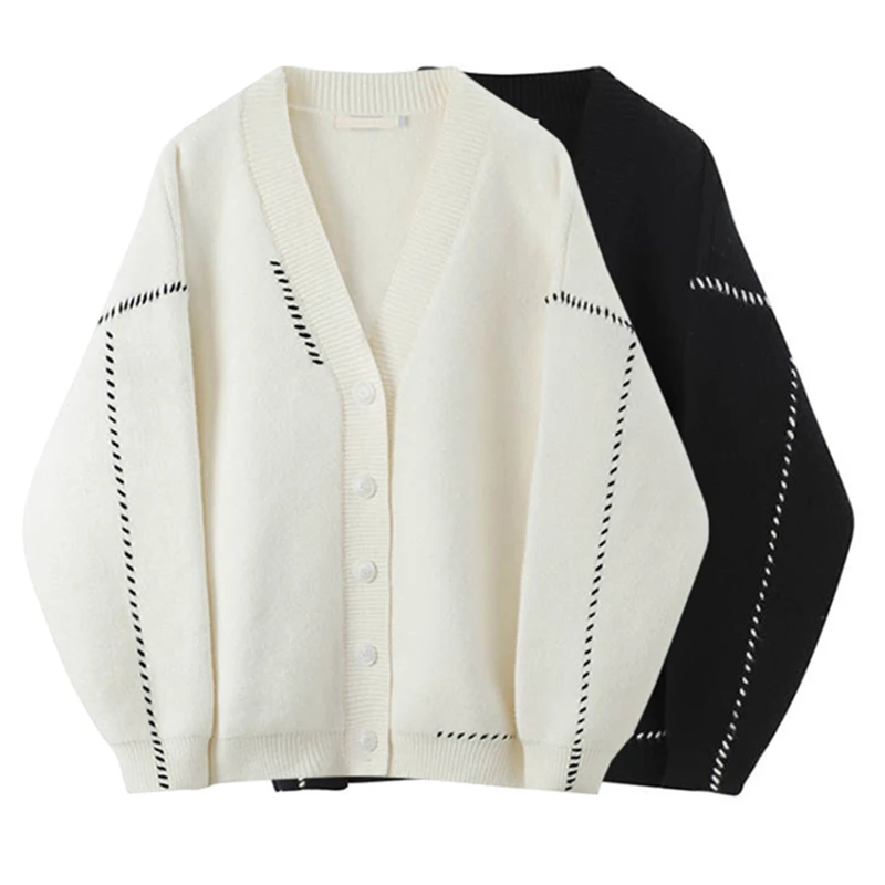 

Свитер, кардиган, куртка, женский черно-белый свитер, дизайн осень/зима, нишевой V-образный вырез, Свободный вязаный свитер, верхняя одежда, п...