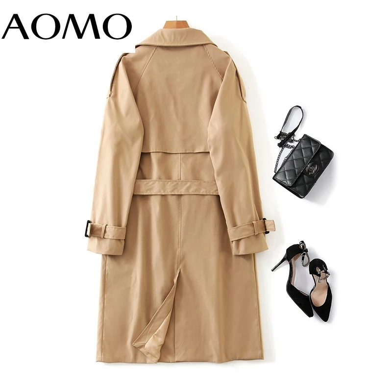 

AOMO Women England Style Classic Khaki Trench Coat with Belt 2021 Autumn Elegant Long Sleeve Office Ladies Outwear 2Z02A