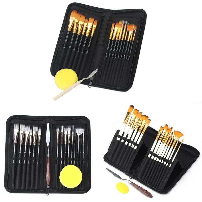 

15 Oil Paintbrush Set Black Zipper Canvas Bag Set with Scraper Sponge with Storage Box Watercolor Acrylic Palette H9EB