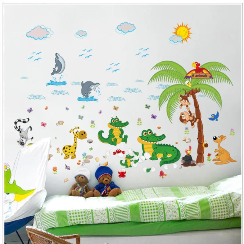 

Cartoon Animal Wall Sticker Home Decoration Beach Party Crocodile Monkey Decals for Kids Room DIY Wallpaper