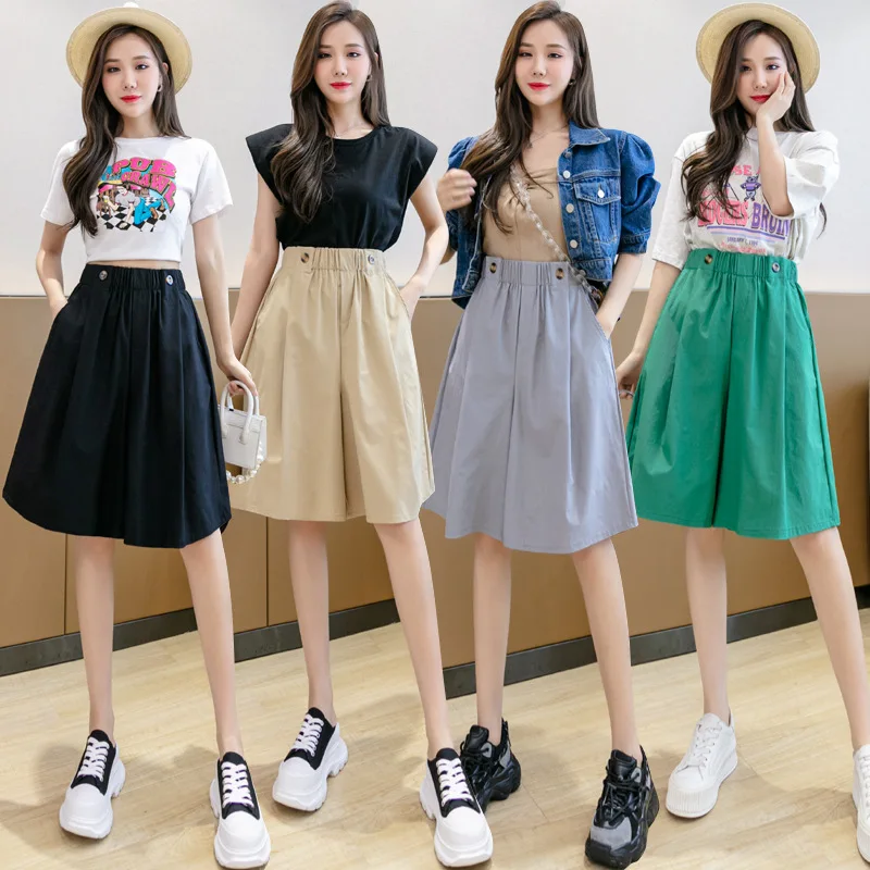 

Korean New Loose Overalls Skirt Women Summer High Waisted Slim Capris Women Solid Wide Leg Casual Shorts Skirts Female