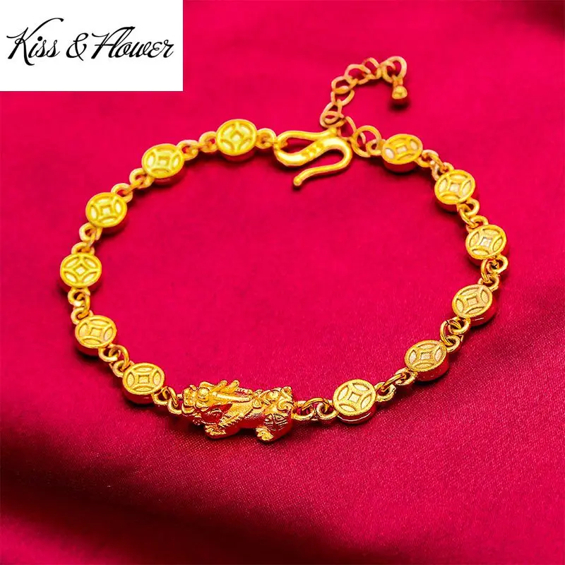 

KISS&FLOWER BR149 Fine Jewelry Wholesale Fashion Woman Girl Birthday Wedding Gift Exquisite PIXIU Coin 24KT Gold Chain Bracelet