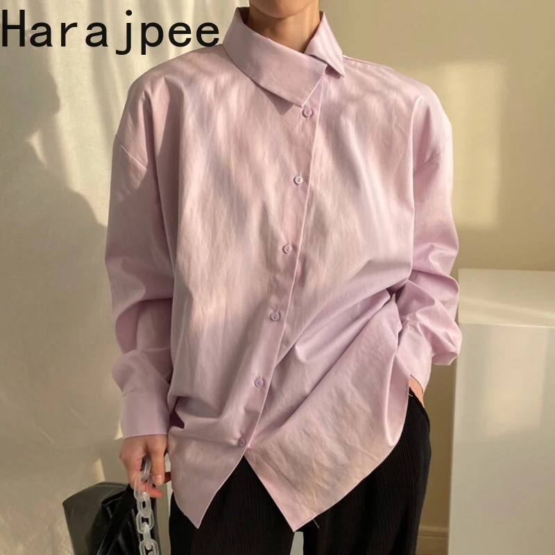 

Женская блузка в стиле харадзпи с отложным воротником, однобортная свободная однотонная Базовая рубашка со скошенным воротником и длинным ...