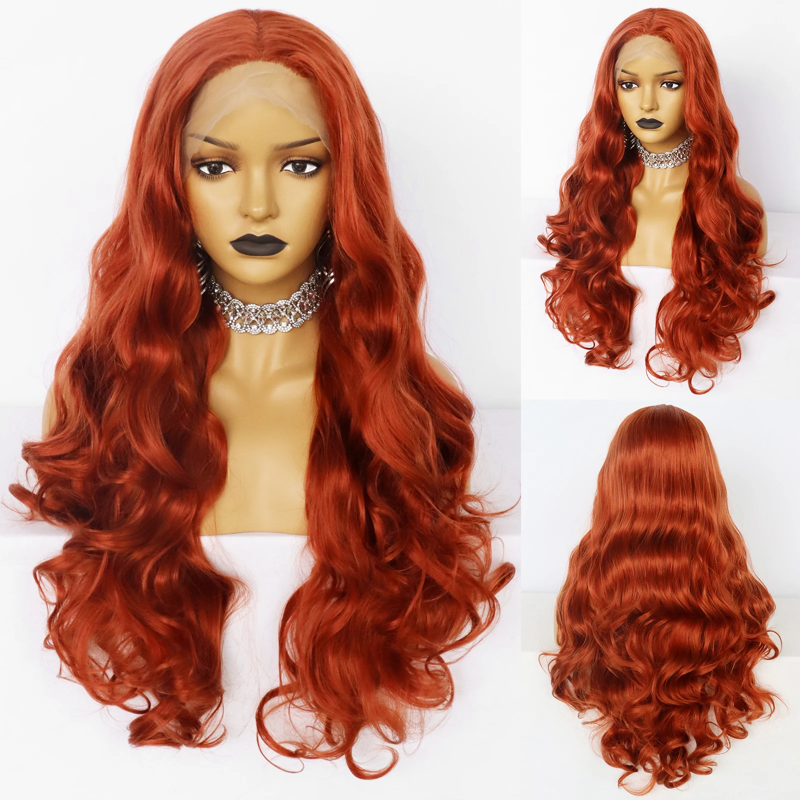 34inch Curly Lace Front Wig Black Orange Long Wavy Wig Heat Resistant Synthetic Cosplay Fiber Wig for Black Girl Hollywood Party