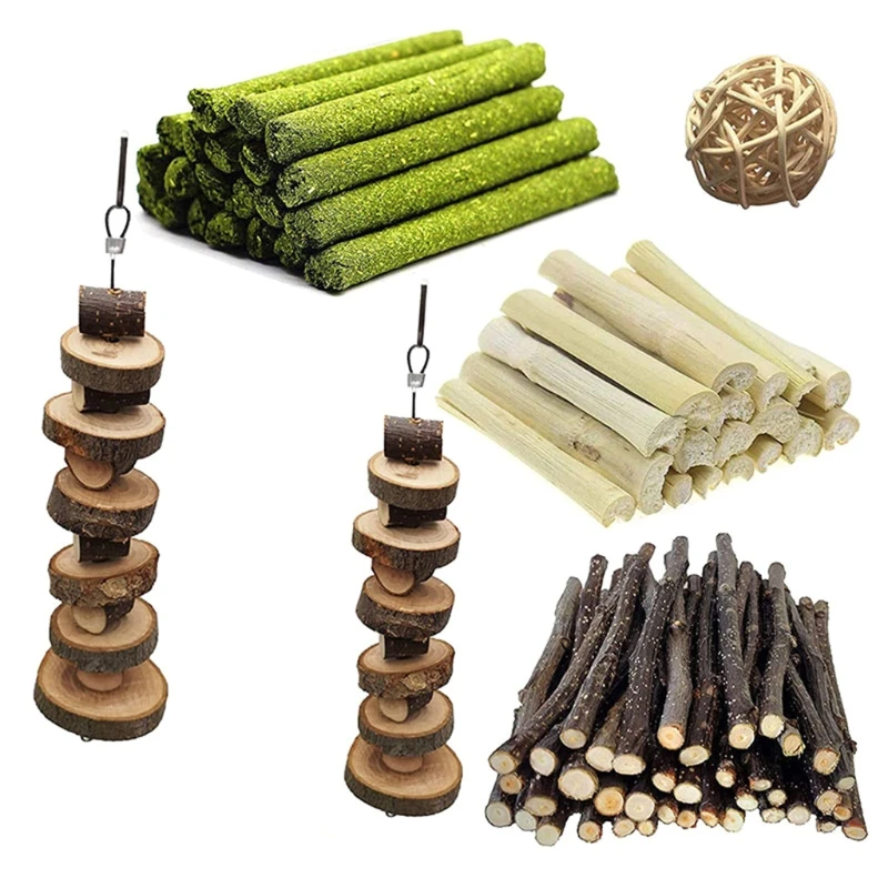 

Набор игрушек для жевания кроликов, для шлифовки зубов, сенные палочки, веточки для маленьких домашних животных, хомяки, морские свинки, гер...