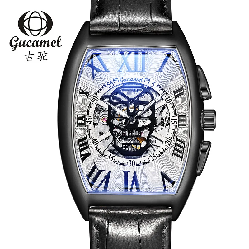 Прозрачные модные Механические Мужские часы скелетоны череп и шестереночный