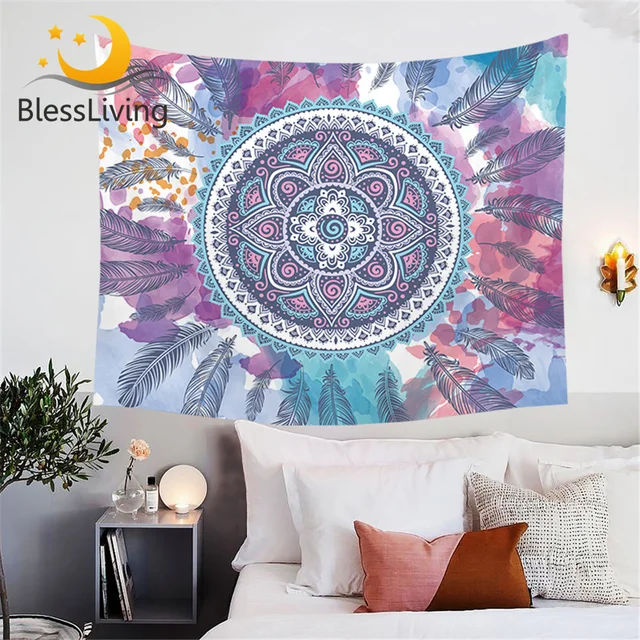BlessLiving Pink Watercolor Tapestry Aqua Mandala Feather Design Hippie Curtains Abstract Tapestries Wall Hanging Home Decor 1