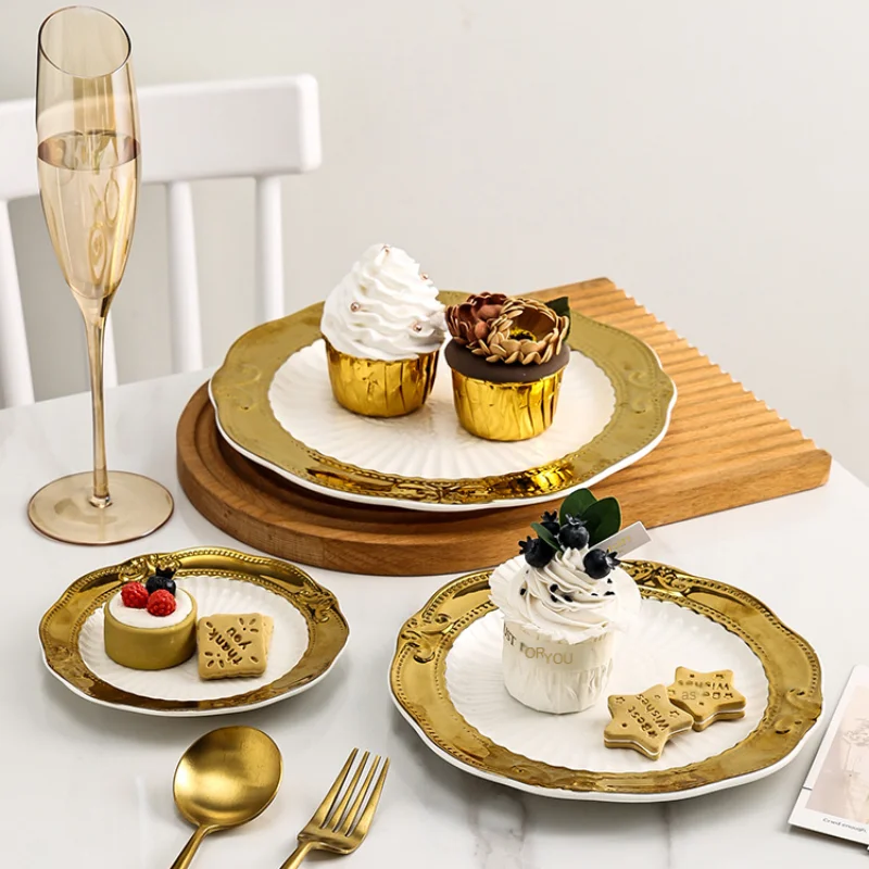 

Luxury Golden Ceramics Plates Dishes Food Dinnerware Set Salad Dessert Tray Porcelain Serving Tray Set Nordic Style Tableware