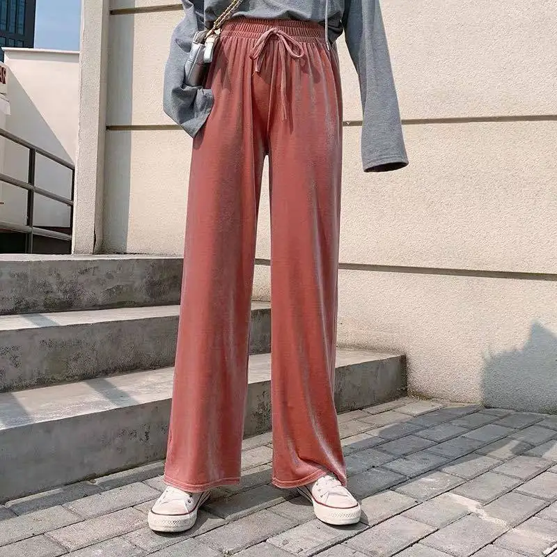 

Женские бархатные брюки, повседневные широкие прямые брюки золотистого и розового цвета в корейском ретро-стиле Харадзюку, черные, 2020