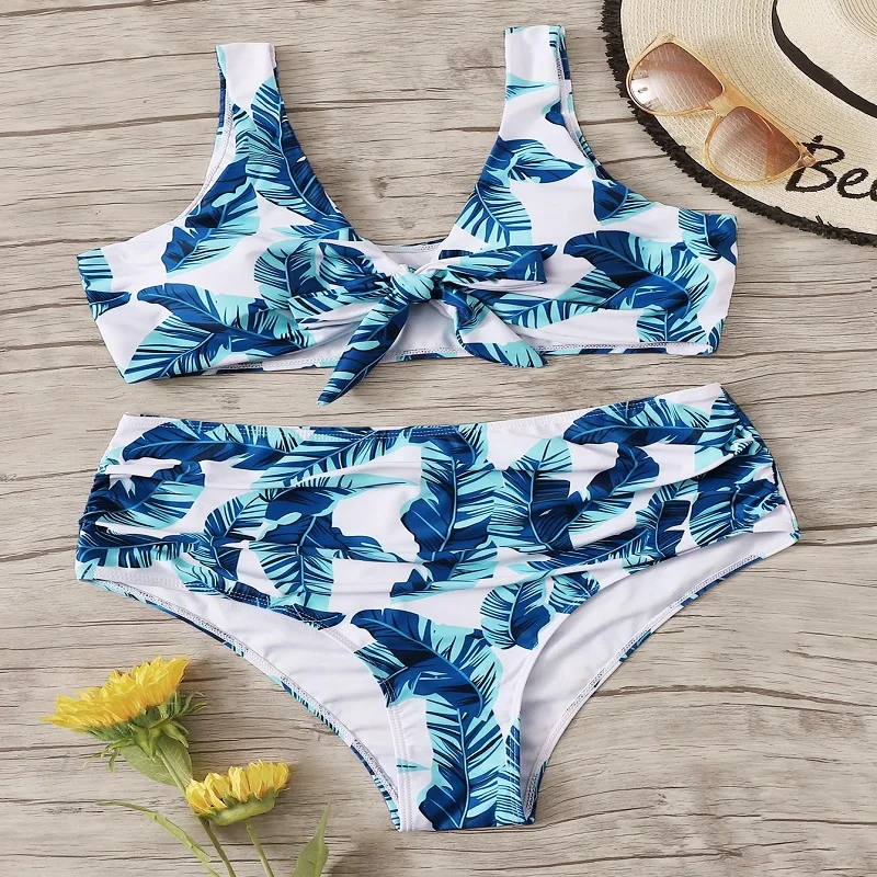 

Женский купальник из двух предметов, летний купальник в бразильском стиле с принтом листьев, Женский бандажный комплект бикини с завышенно...