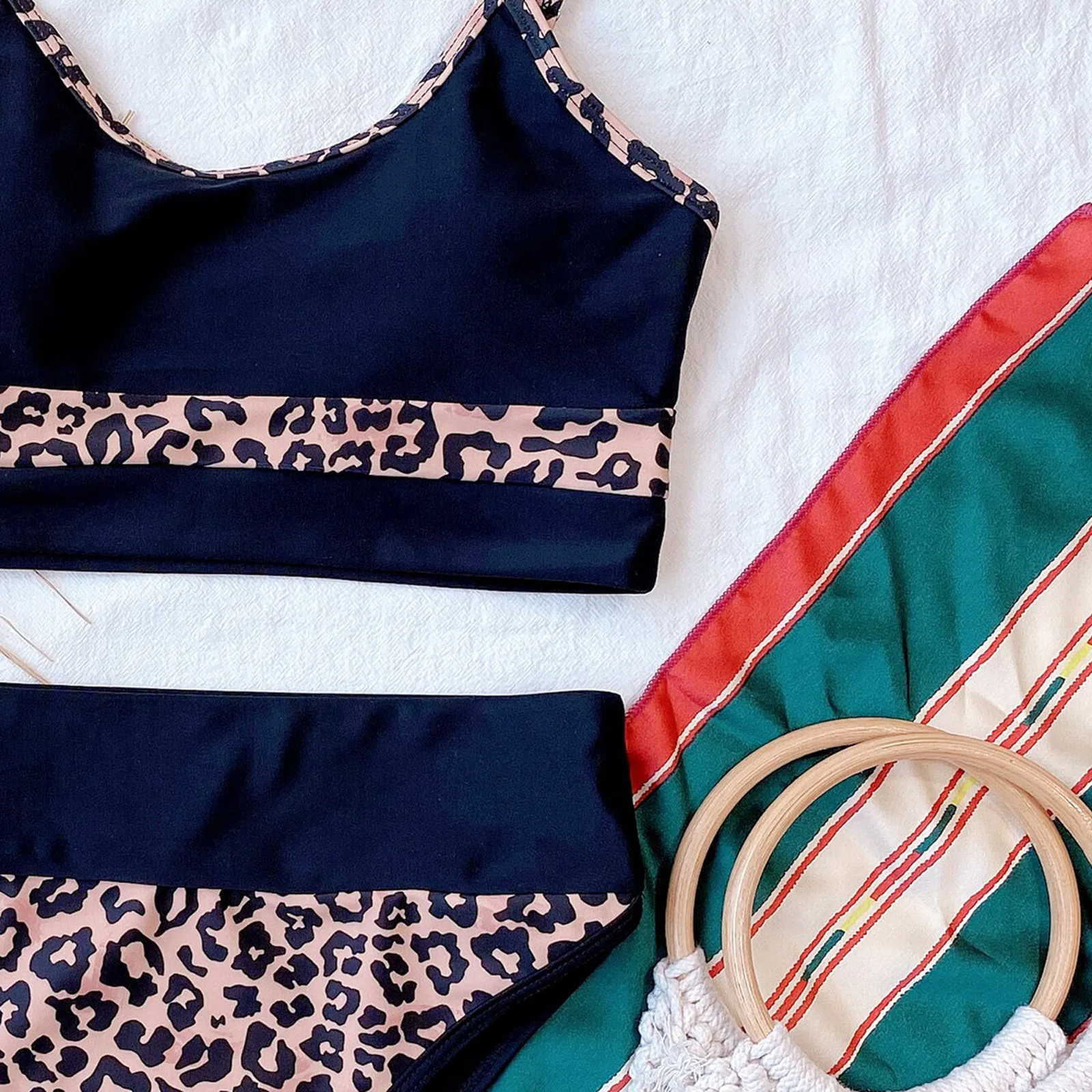 Женское бикини с леопардовым принтом однотонное пуш-ап высокой талией и лямкой