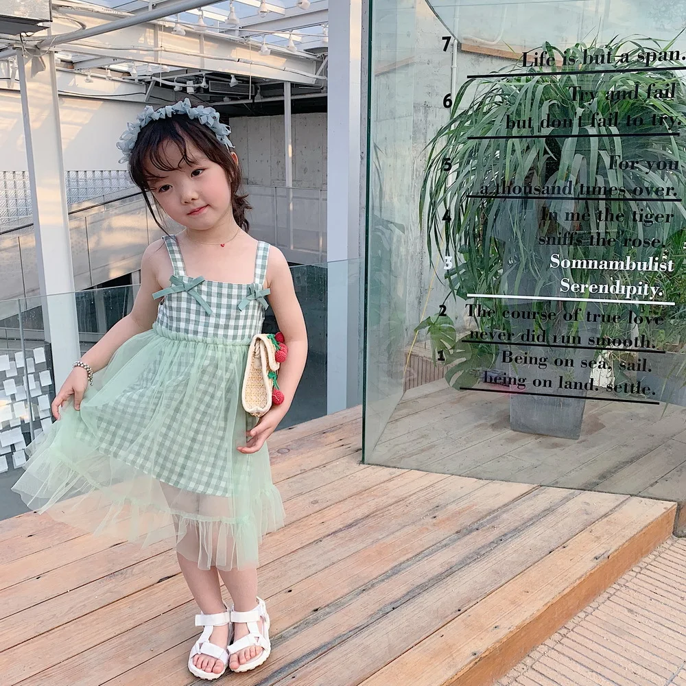 Tonytaobaby Girls Dress Green Plaid Bow Camisole Mesh Girl Pastoral Style | Детская одежда и обувь