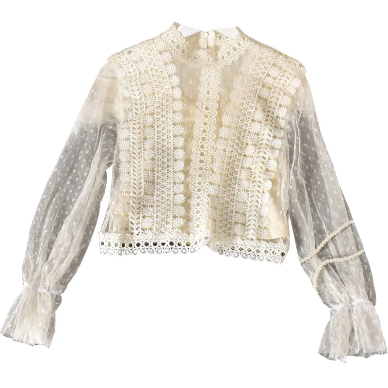 

Lace Blouse for Women Cute Tops Long Sleeve Korean Style Women Blouse Spring 2021 Elegant Spliced Solid Women Clothing