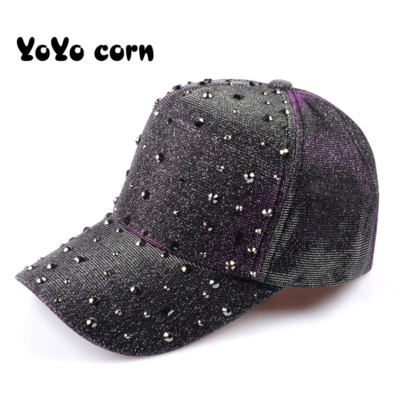 YOYOCORN модные женские Стразы Шапки Diamond Защита от солнца Кепки козырьком можно носить задом наперед бейсбольные кепки, однотонные летние Бейсбол Кепки s для девочек - Цвет: purple