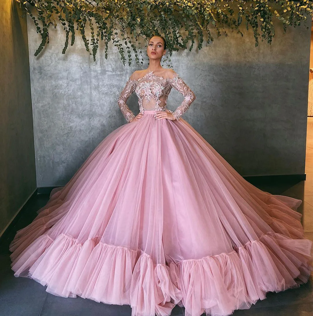 

Pink Prom Dresses Off-Shoulder See-Through Crystals Dress Beaded Evening Dress Layered Puffy Formal Dress With Tulle Dress Woman