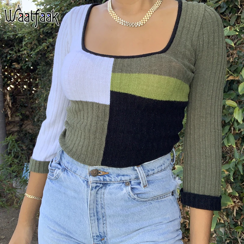 

Женский свитер с квадратным вырезом Waatfaak, Милый джемпер в стиле пэчворк с рукавом до локтя, базовый элегантный вязаный пуловер для осени и з...