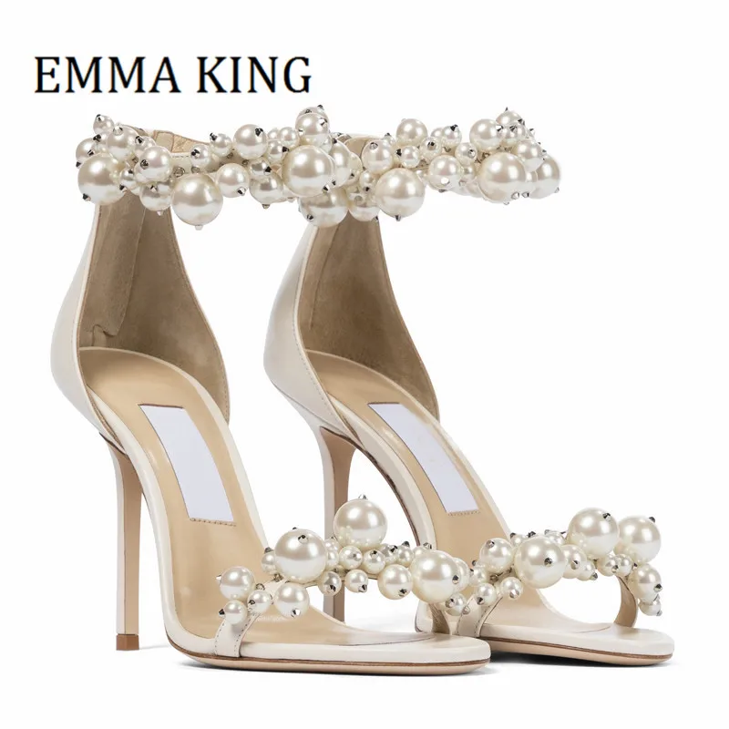 

2021 Summer Women's Sandals Elegant White Pearl Leather High Heels Sandals Women Back Zipper Pumps Sexy Wedding Party Shoes