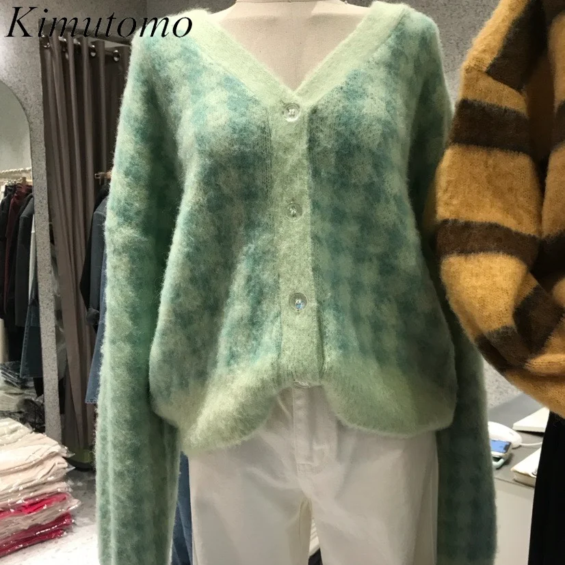 

Kimutomo, шикарный мягкий свитер для женщин, осень 2021, новый цвет, стандартный трикотажный кардиган свободного покроя с V-образным вырезом