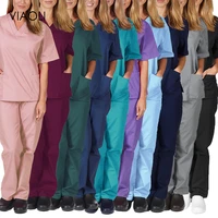 multi color scrubs tops and pantscomfortablelightweight men and women usable solid color short sleeved care lab salon set new
