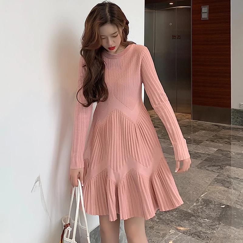 Полосатое Плиссированное мини-платье женское осенне-зимнее свободное