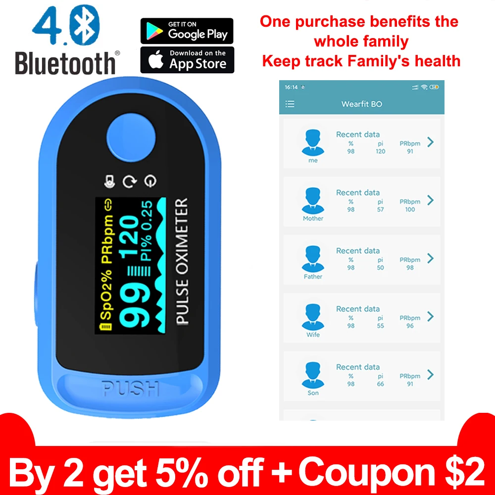 Оксиметр Bluetooth приложение для мониторинга сна запись данных обмен SPO2 PI OLED Android IOS