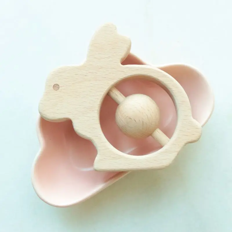 

Cute Baby Teether Rattle DIY Children Wood Cartoon Animals Rabbit Teething Toys