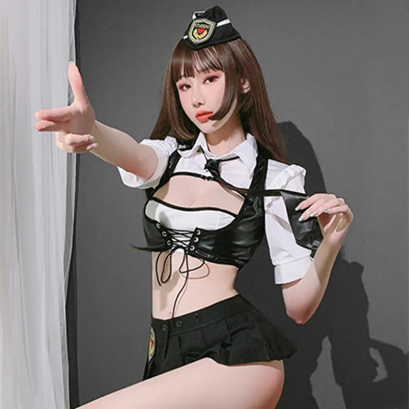 

New Sexy Lingerie Shirt Bubble Short Sleeve Chest Hollow Cross Tie Hip Temptation Police Pleated Skirt Button Waist Uniform Suit