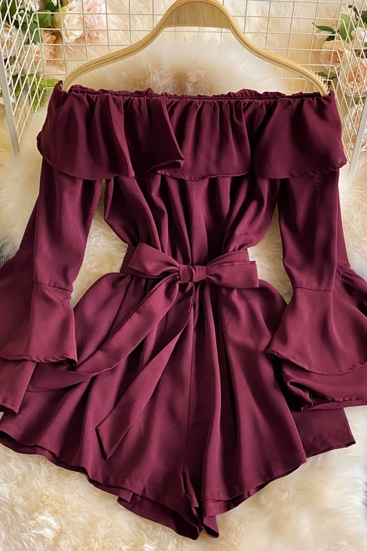 

2021 Summer New Temperament Super Fairy Flare Sleeve One-Neck Strapless Ruffled Strap Jumpsuit Shorts