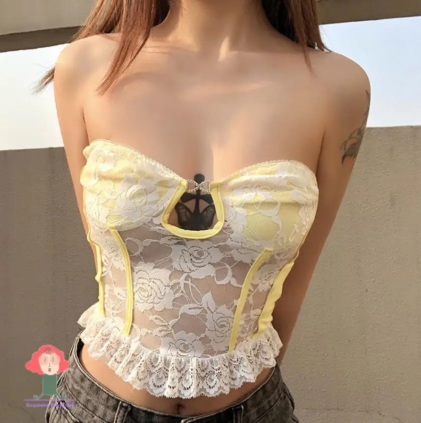 

Fashion Mesh Sheer Lace Vest Summer Hollow Out Straps Bralette Corset Sexy Teddy Streetwear Club Party Women Tops Waistband Belt