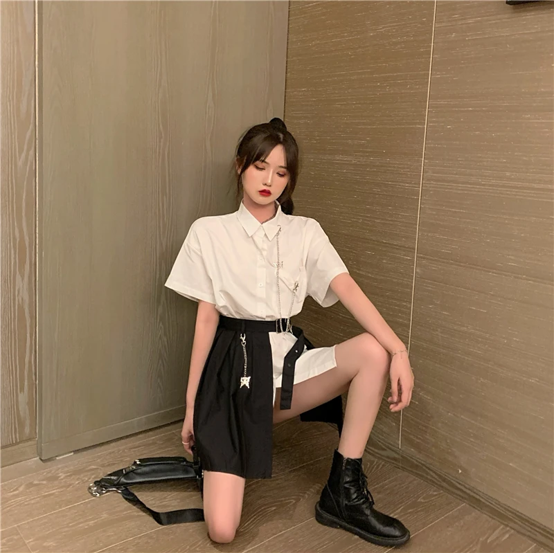 

Women 2 Piece Set 2021 Summer White Turn Down Collar Cotton Long Shirt + High Waist Pleated Mini Skirts Casual Suit