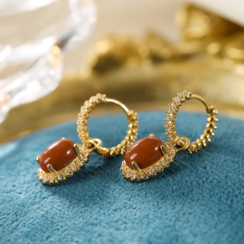 

Southern Red Agate Drop Earring Pure 925 Sterling Silver And Gold Plate Crystal Women Fine Jewelry Korean Dangle Earring 2020 E9
