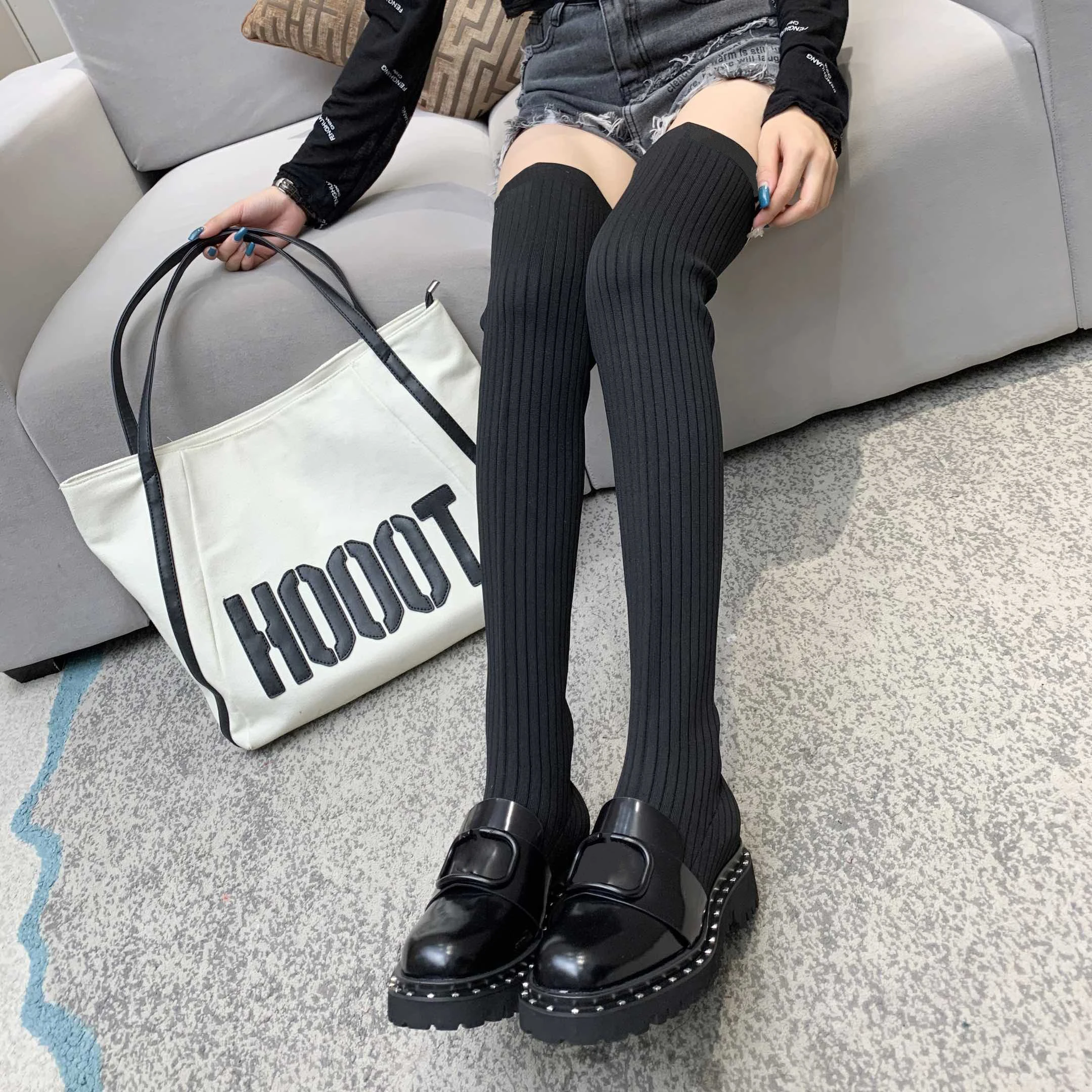 

With Logo Autumn and Winter Women's Shoes Fashion Splicing Knitted Stretch Boots Round Toe Over the knee Boots Genuine Leather