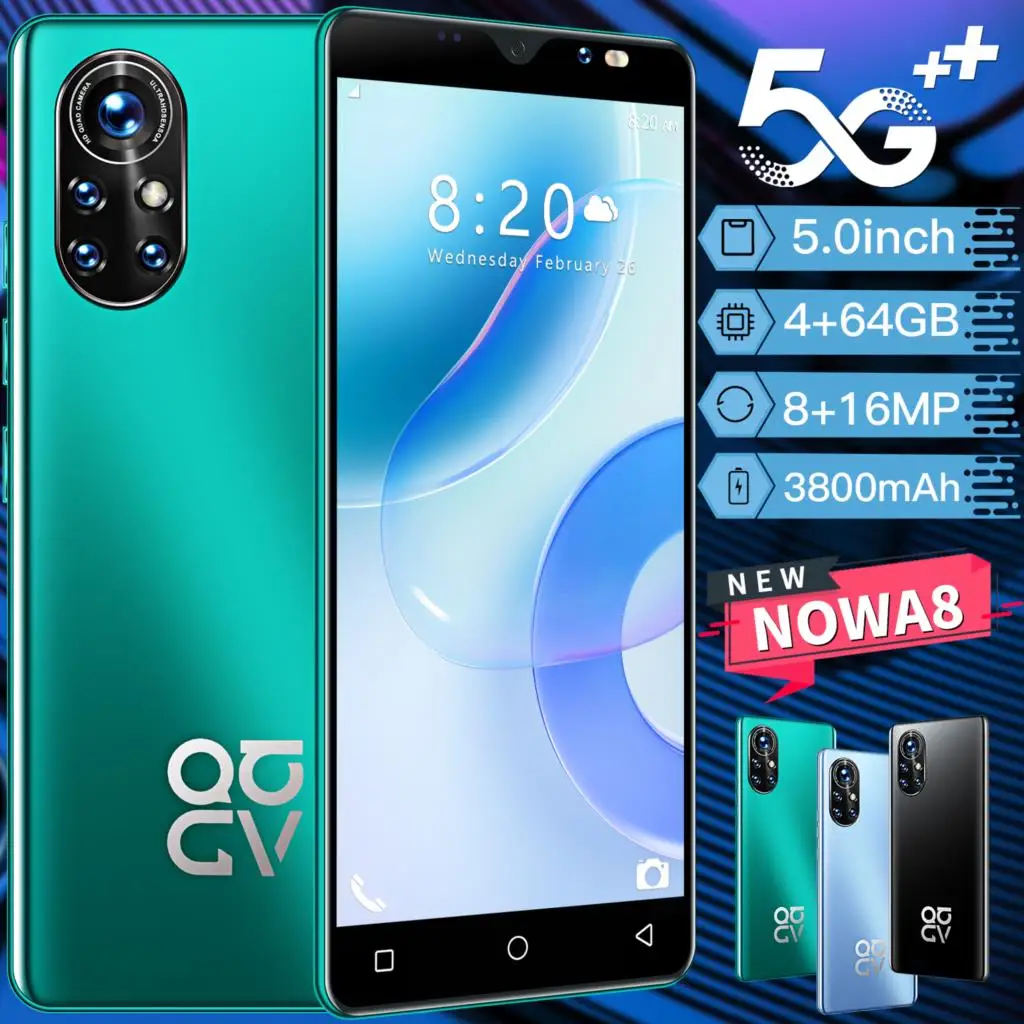 

Smartphone Android Nowa 8 Pro 4+64GB 6+128GB Andriod 10 Global Version Cheap Cell Phone 5.0 Inch Dual SIM Fingerprint ID 3800mAh
