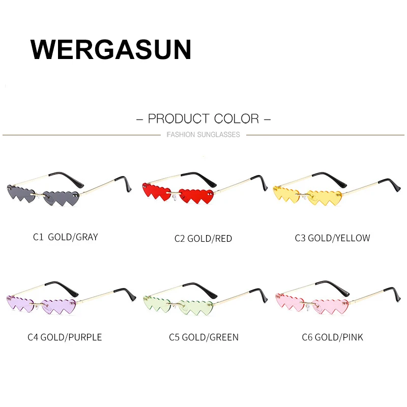 

WERGASUN Rimless Punk Sunglasses Women Luxury Fashion Red Pink Heart Unique Rectangle Sun Glasses For Female Vintage Lunette